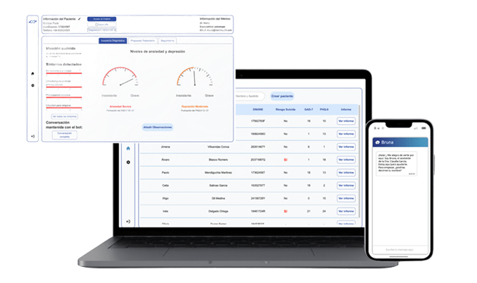 Interfaz del software médico Nexi Health mostrando dashboard de gestión de pacientes con herramientas de análisis y chat con el asistente conversacional
